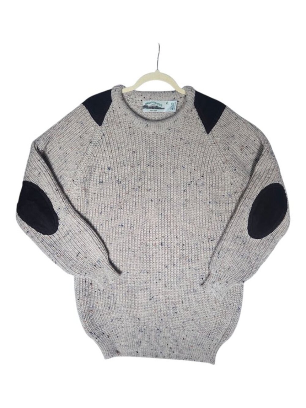 Aran Crafts 100% Wool Fisherman Sweater Tweed Oatmeal Elbow Patches, Ireland, XL